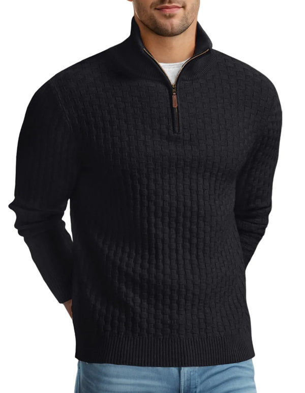 Askdeer Mens Quarter Zip Sweater Waffle Knit Sweater Mock Neck Polo Sweater Soft Casual Pullover Sweater with Ribbing Edge Black