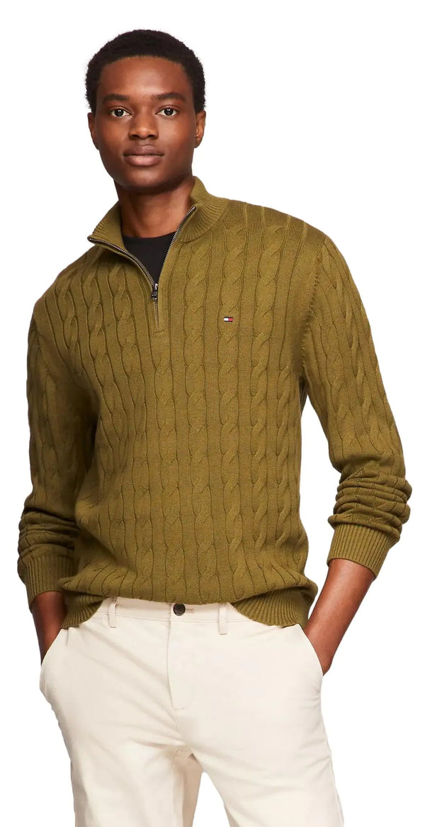 Tommy Hilfiger Mens Signature Cable Kint Quarter Zip Pullover Sweater PuttingGreen S