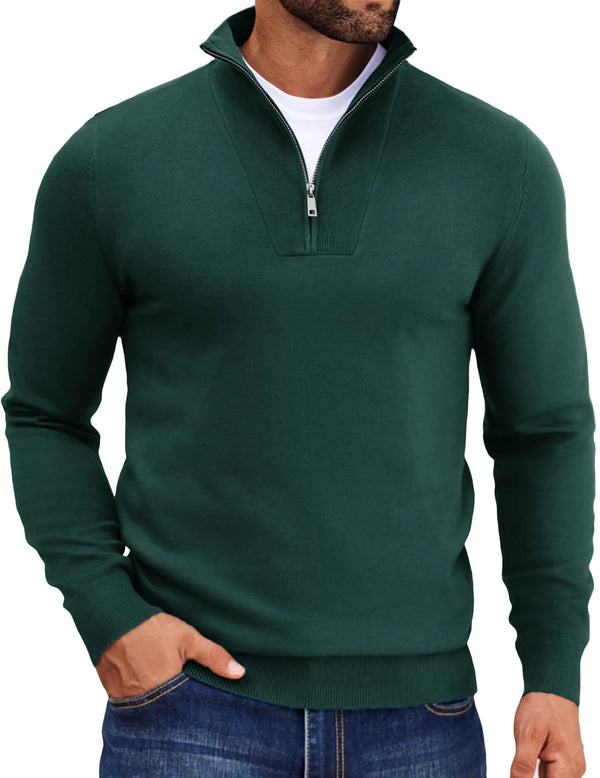 COOFANDY Mens Quarter Zip Sweaters Half Zip Pullover Sweater Lightweight Fall Autumn Business Casual Polo Pullovers Dark Green