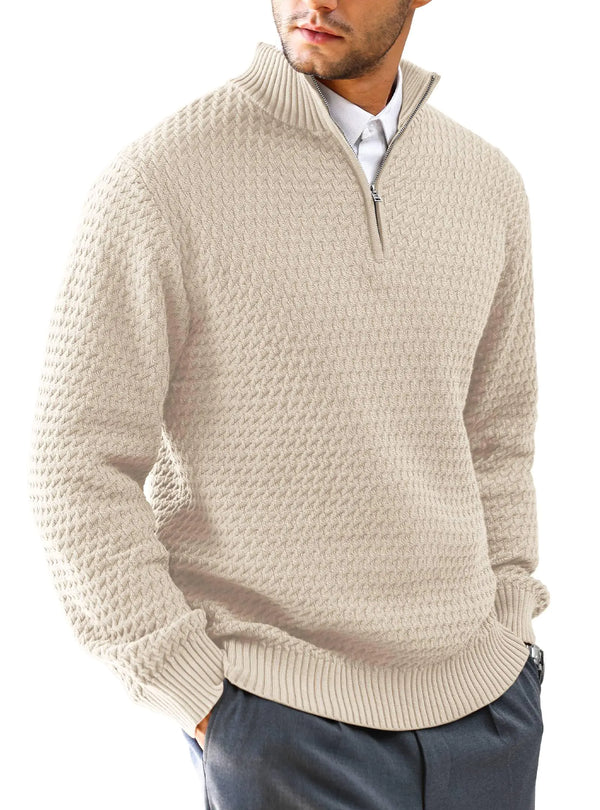 KAVIANA Mens Quarter Zip Sweater Mock Neck Pullover Ribbed Knit Casual Polo Sweaters Khaki