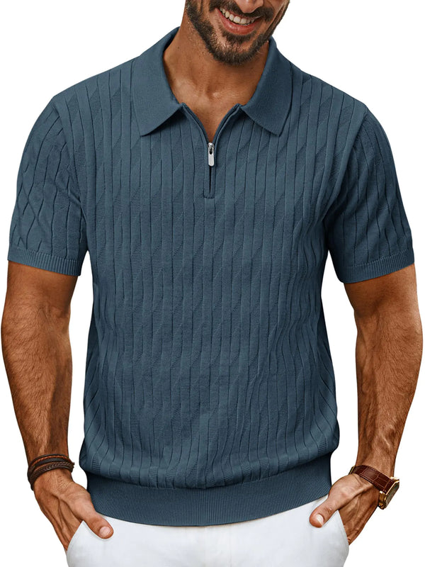 PJ PAUL JONES Mens Polo Shirts Short Sleeve Textured Knit Polo Men Quarter Zip Polo T Shirts for Men Slim Fit Blue Gray