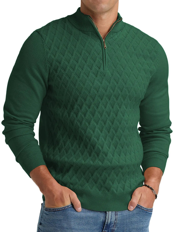 NITAGUT Mens Knit Pullover Sweater Geometric Textured Casual Quarter Zip Slim Fit Pullover SweatersDark Green Medium
